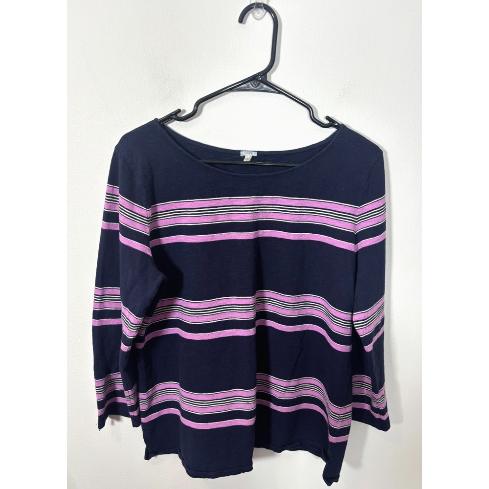 J.Crew Women's Large 3/4 Sleeve Blouse Top Navy Blue Pink Stripes Basic Shirt